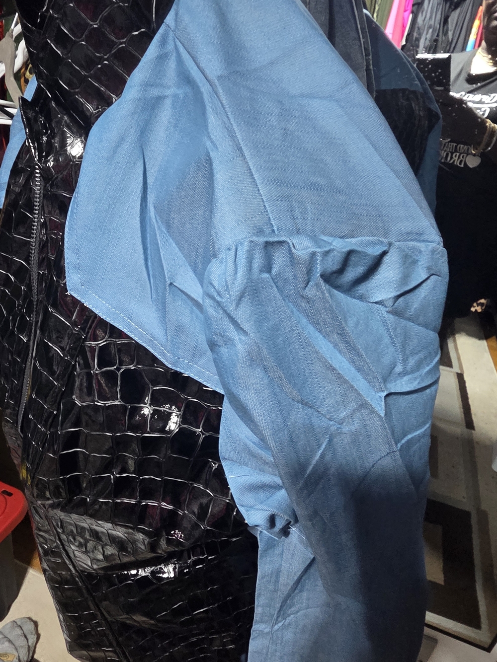 Blue Womens Jacket with Faux Denim Sleeves Faux Leather